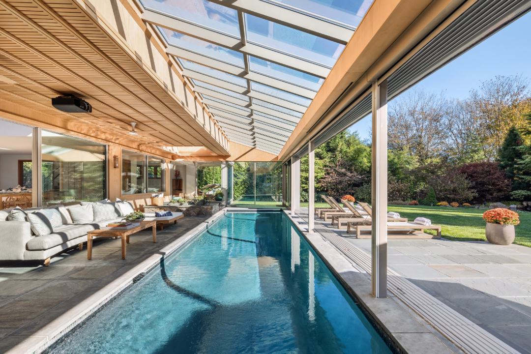 Pool side views at 38 Cobb Isle Road in Water Mill
