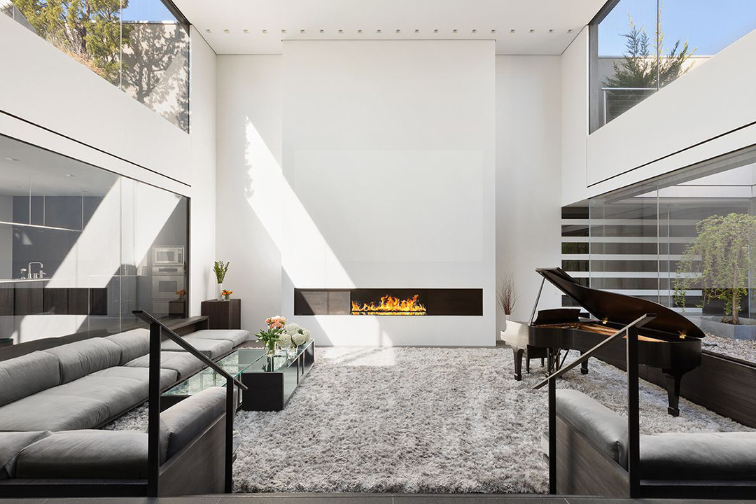 Sleek modern fireplace in a SoHo penthouse