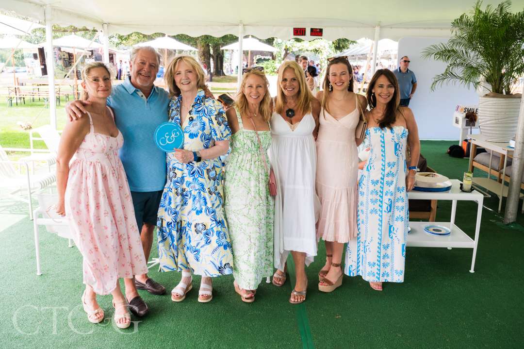 Jennifer Barbaro, George Pusser, Marianne Howatson, Lisa Heissan, Mindy Gerhardt, Amelia Heissan, and Jamie Lewis at CTC&G Players' Lounge at Greenwich Polo Club