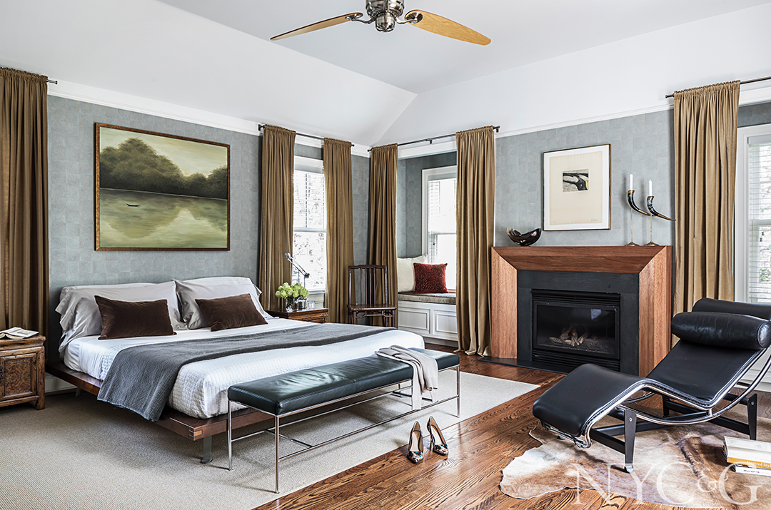Tranquil master bedroom with fabric curtains