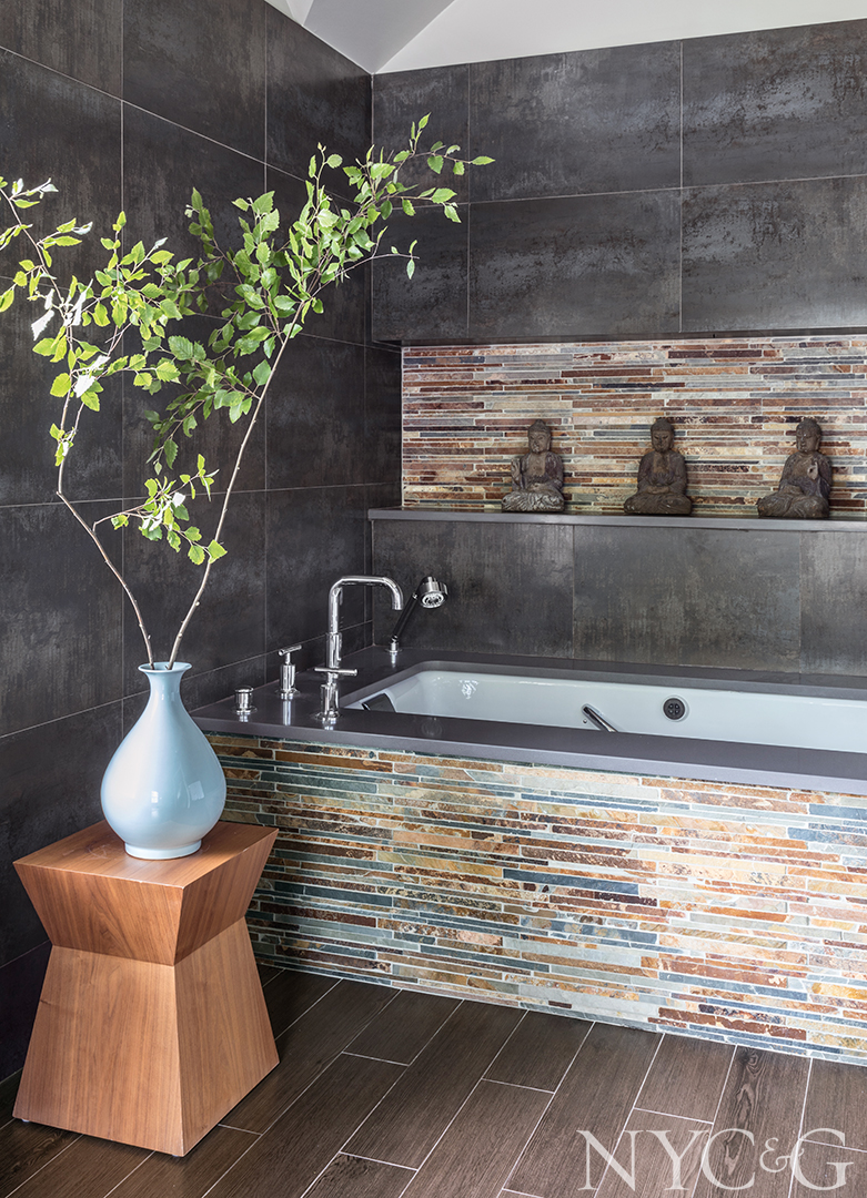 Tiled tub in serene master bath