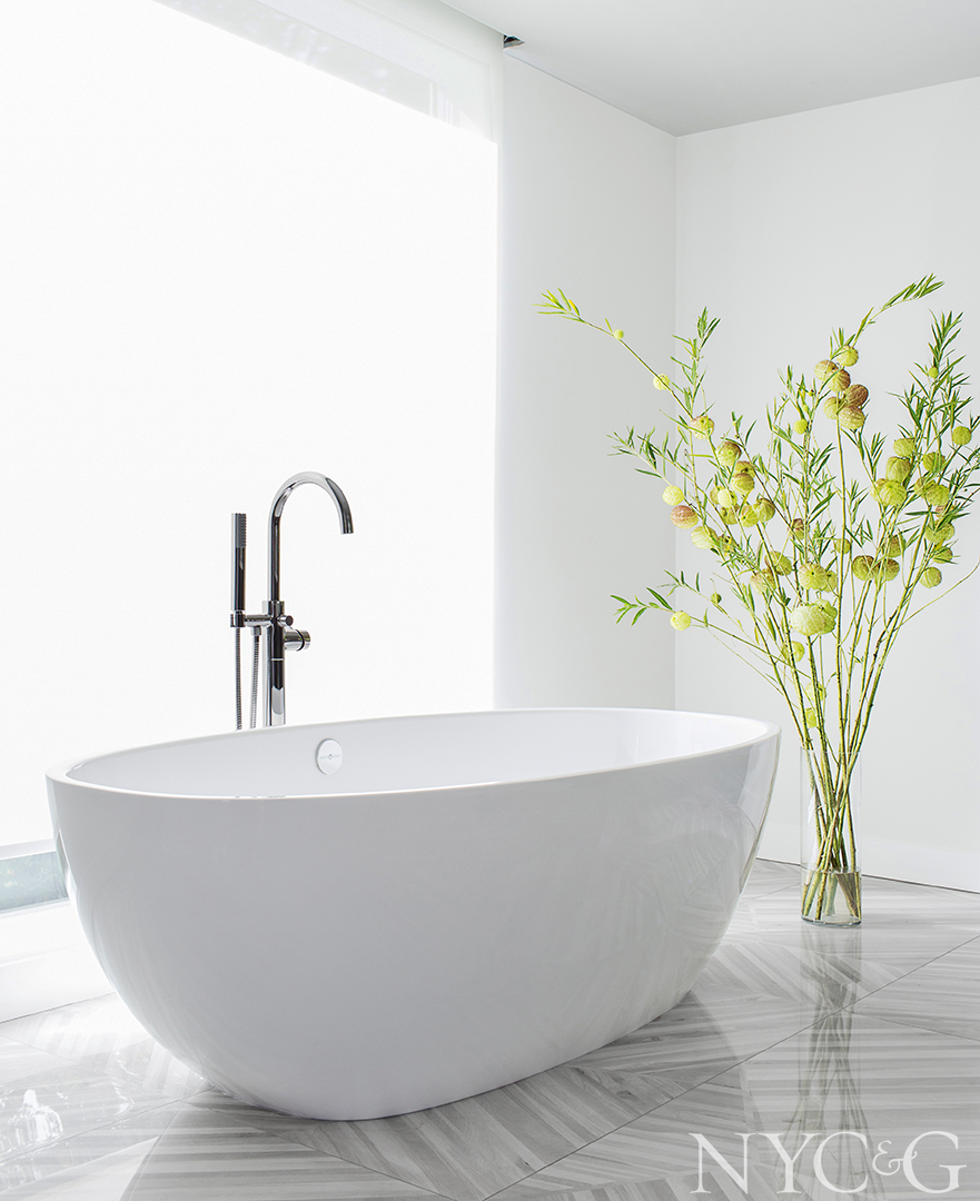 Patterned tile flooring in luxurious master bathroom