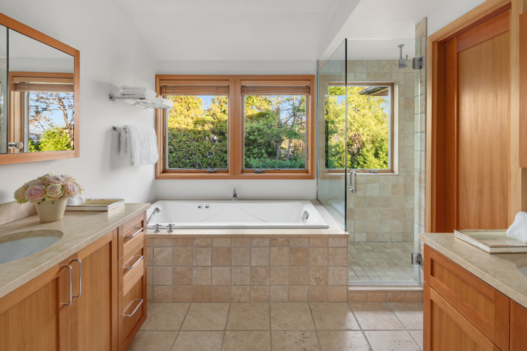 modern bathroom at 38 Cobb Isle Road in Water Mill