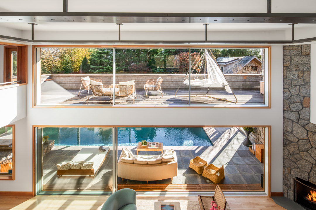 view of the pool and interiors at 38 Cobb Isle Road in Water Mill