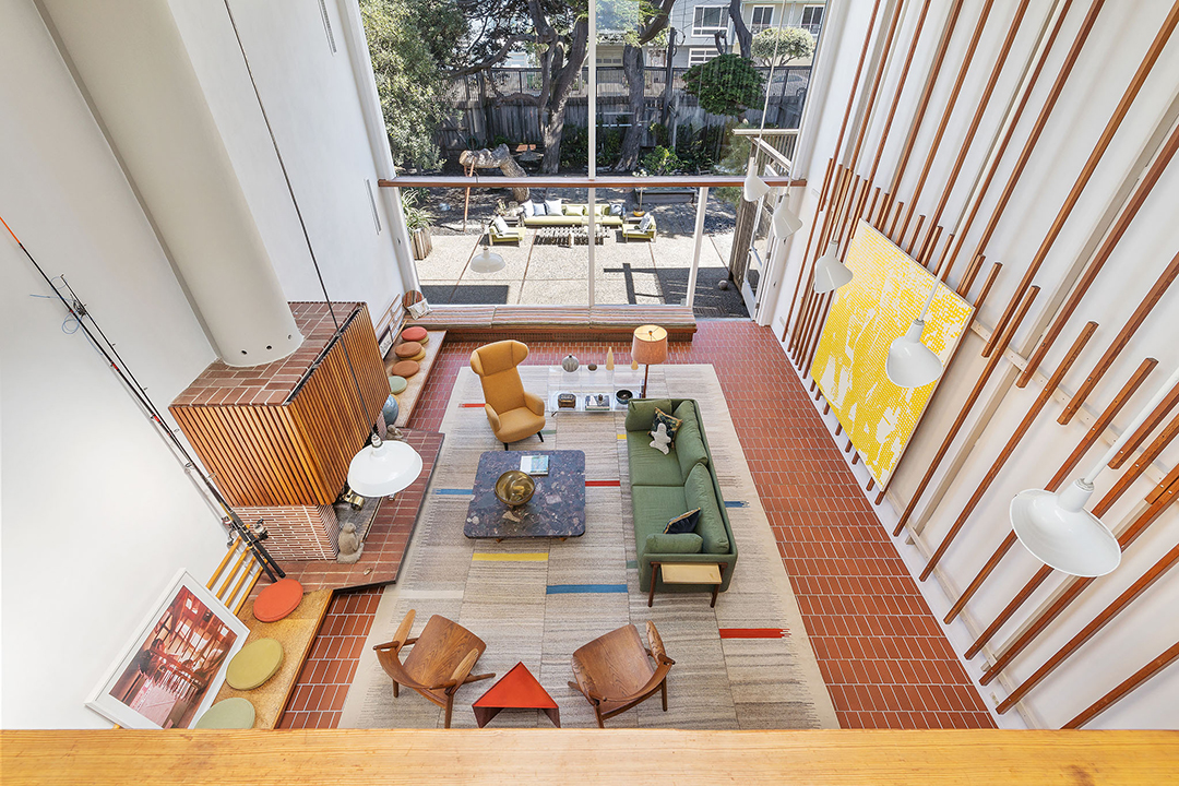 Aerial view of a midcentury style living room