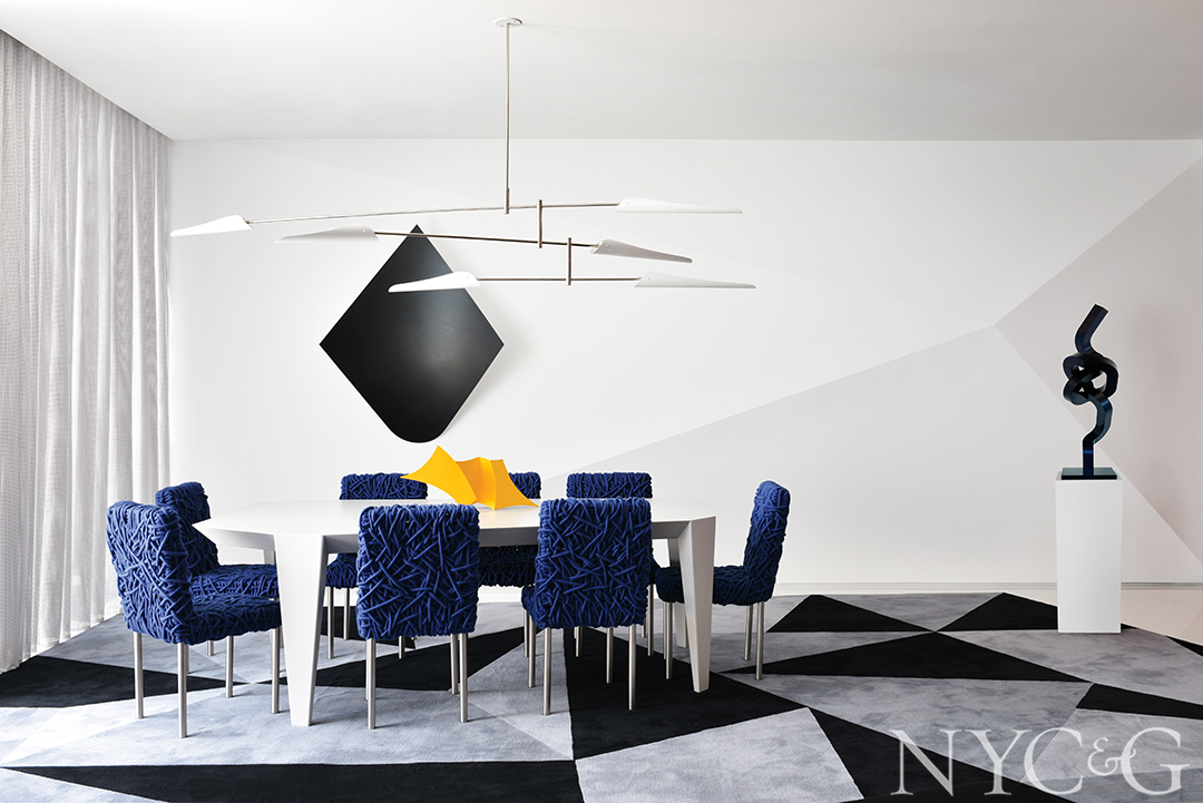 contemporary dining room using color block furniture and artwork