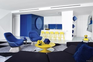 contemporary great room with yellow and blue furniture