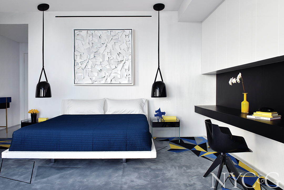contemporary bedroom with black, yellow and blue details