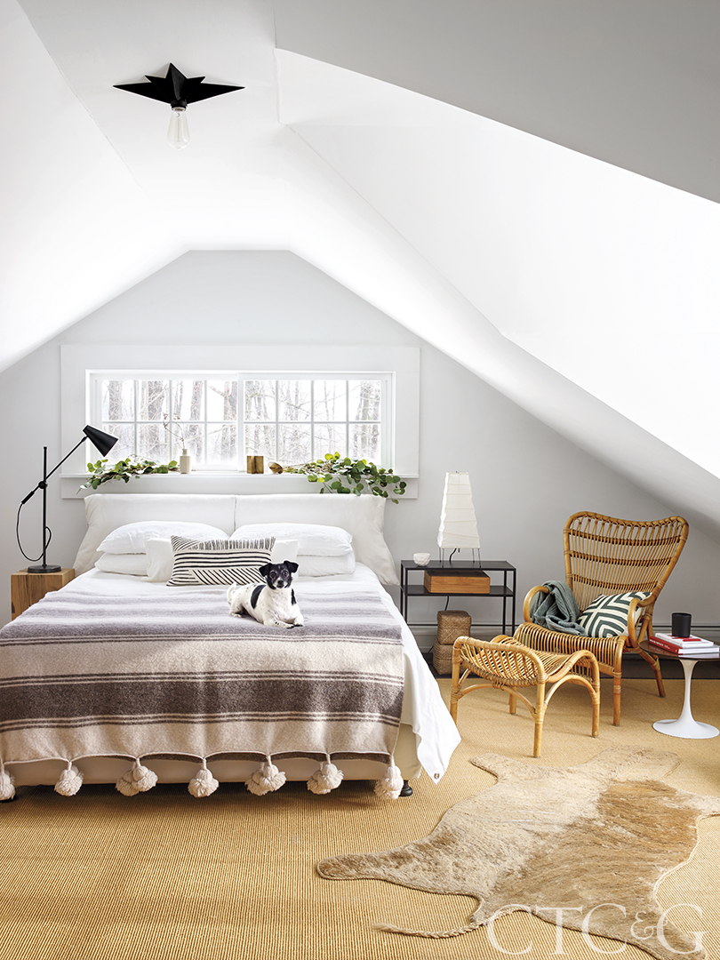 Bedroom with dog, Moroccan blankets, and neutral modern vibe.
