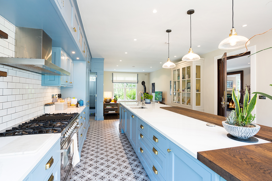 Trendy powder blue kitchen