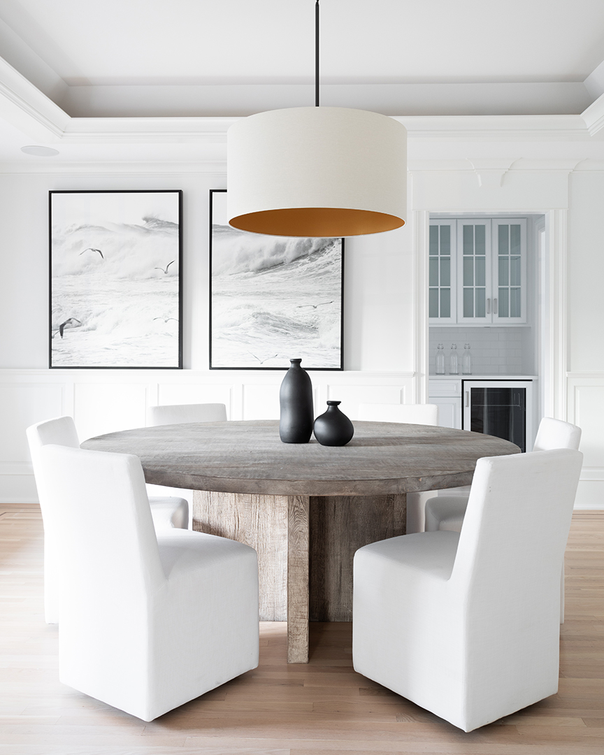 Airy dining room with large artwork