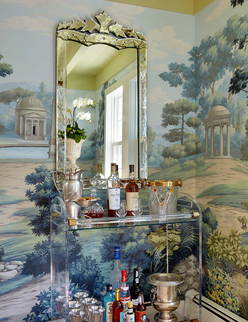 Bar Nook complimented with fun wallpaper.