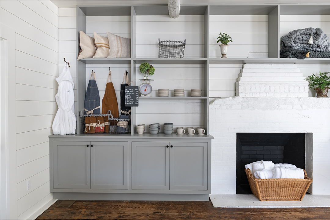 Storage and fireplace