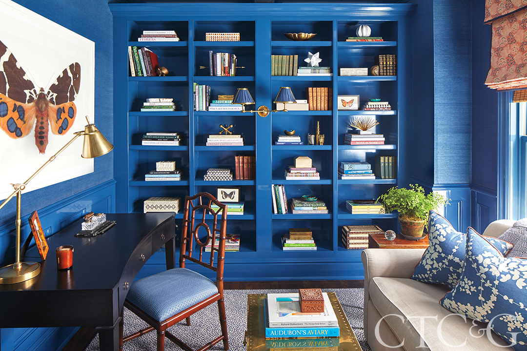 bright blue office and library