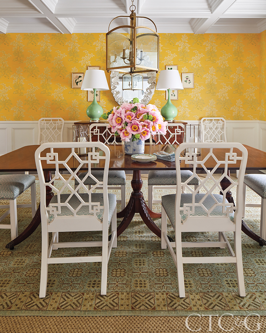 country dining room with yellow wallpaper