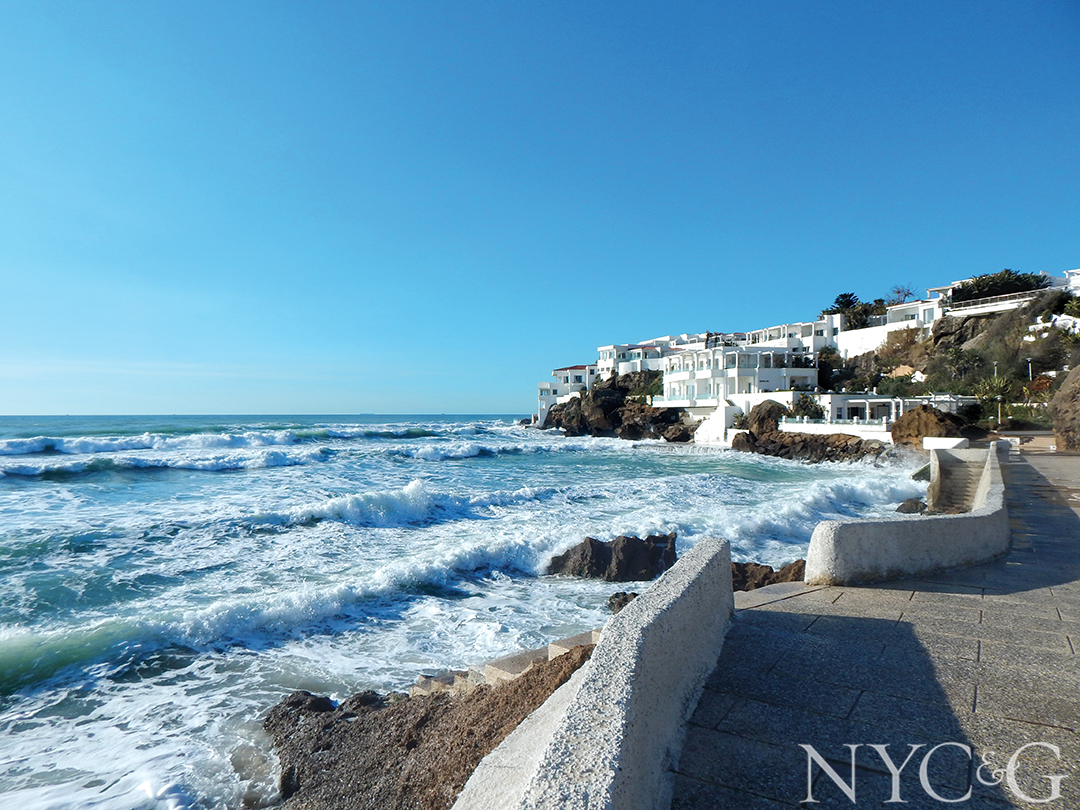 shot of the ocean and houses built into the mountains along the coast.