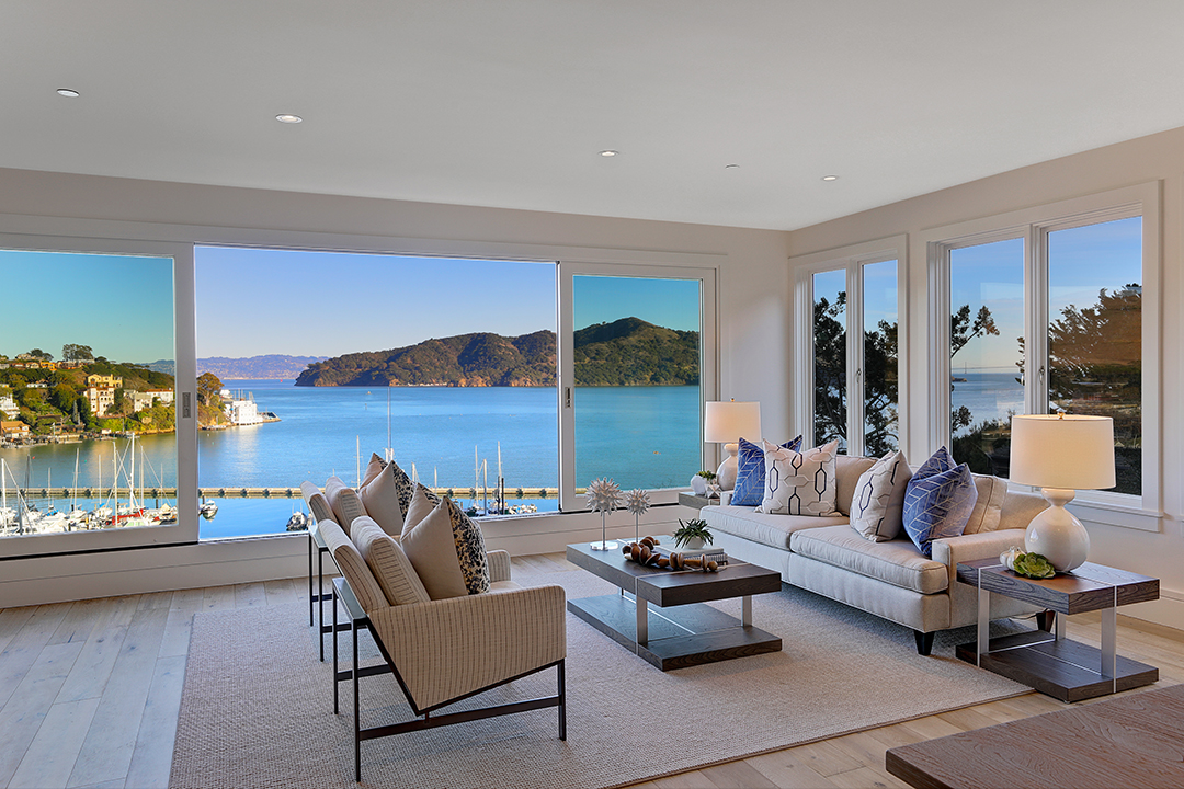 Living room at the Ultimate Waterfront home on Belvedere Island