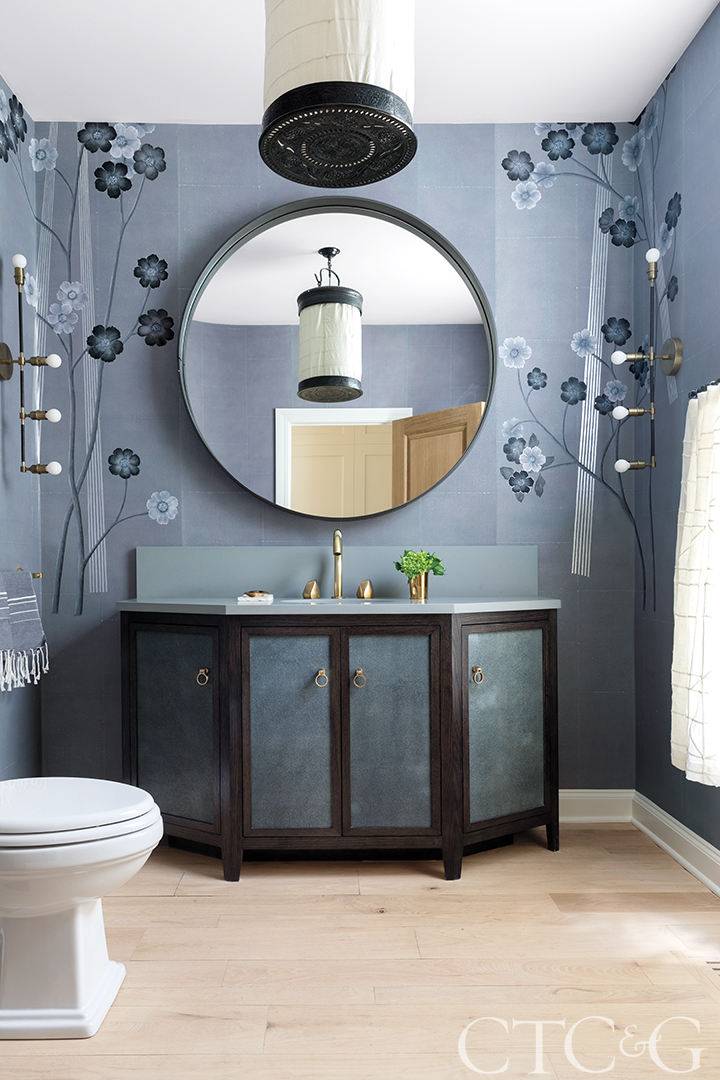 powder room with floral wallcovering