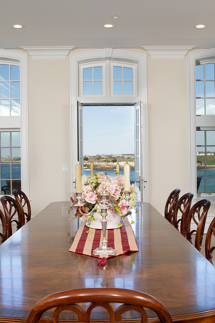 Dining table at Plaisance, a Newport Mansion For Sale