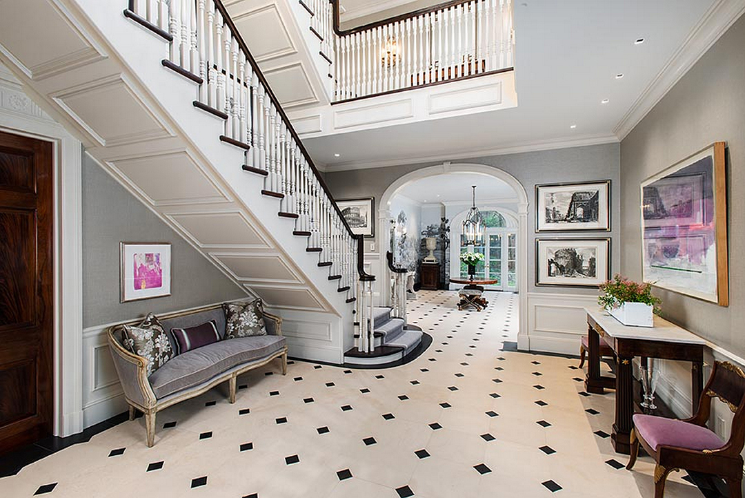 Georgian Style Greenwich Connecticut home checkered floor foyer