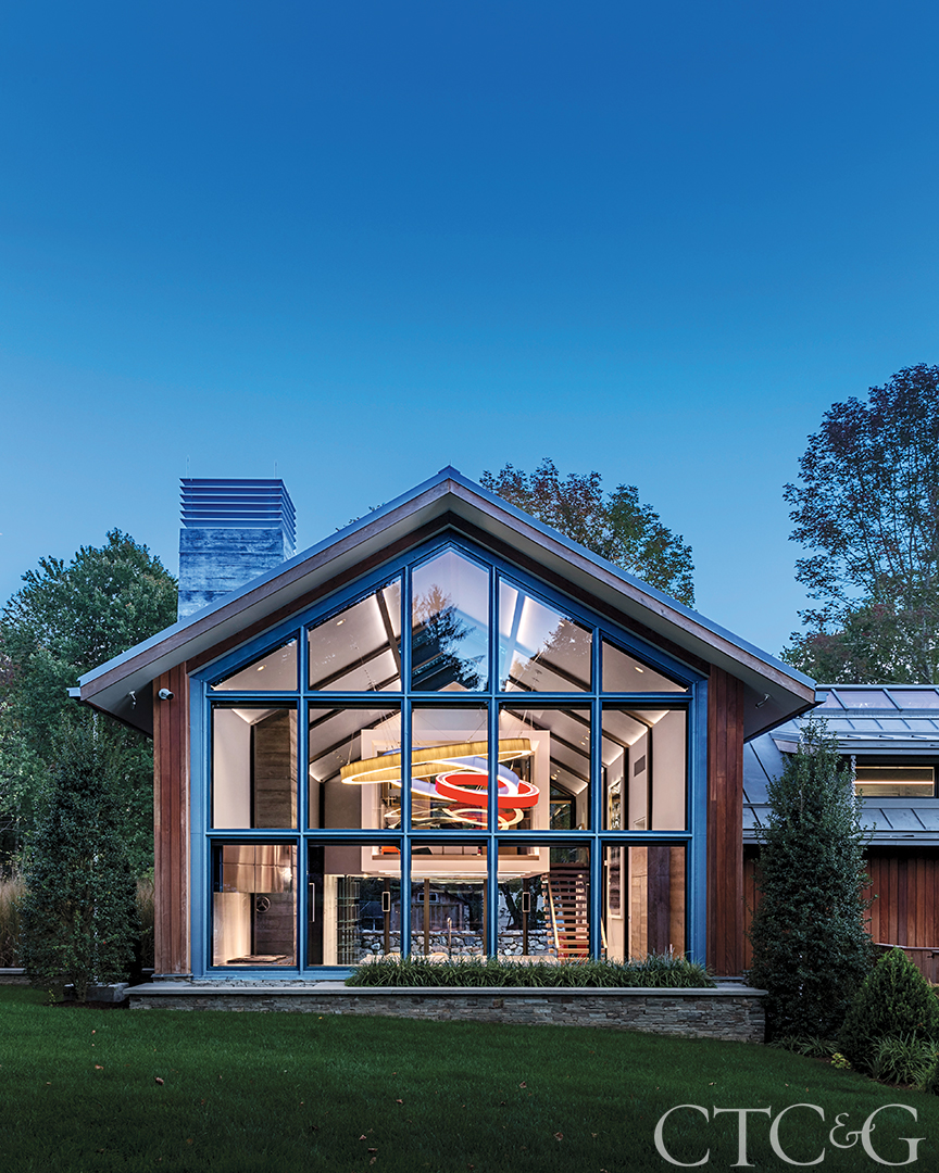 Outside view of the guest hosue at dusk