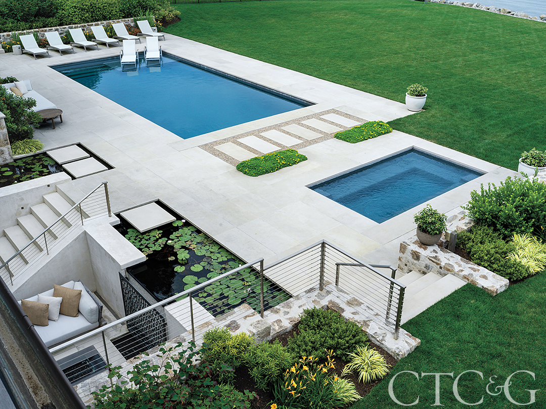 Sky view of pook and seating areas