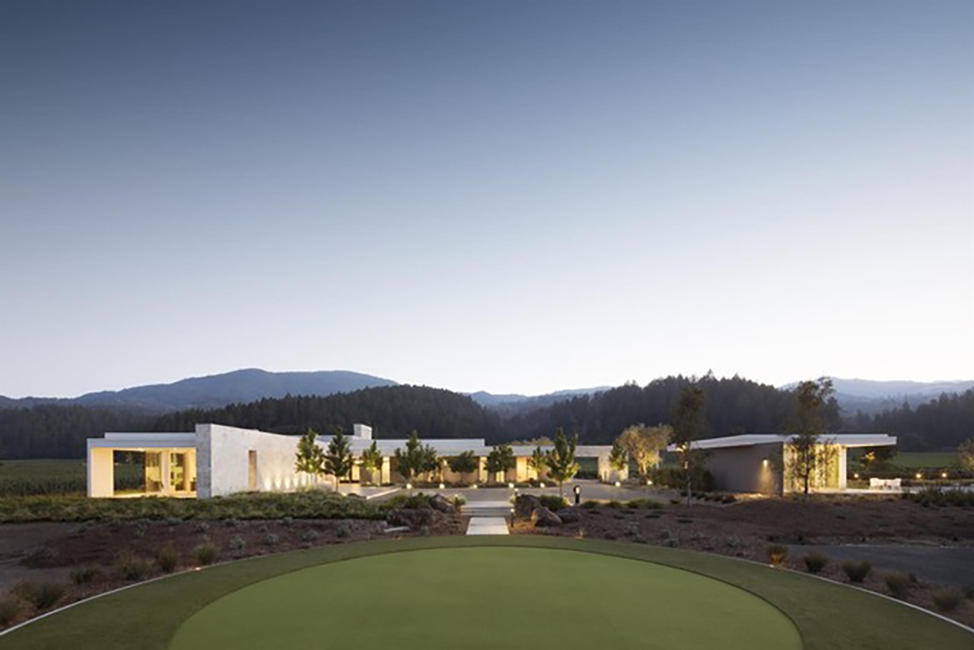 Napa Valley Modern Vineyard Estate Night Front Exterior