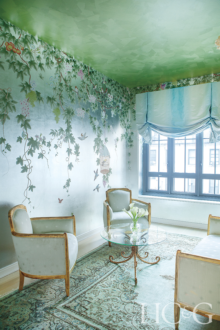 floral painted master bedroom sitting area