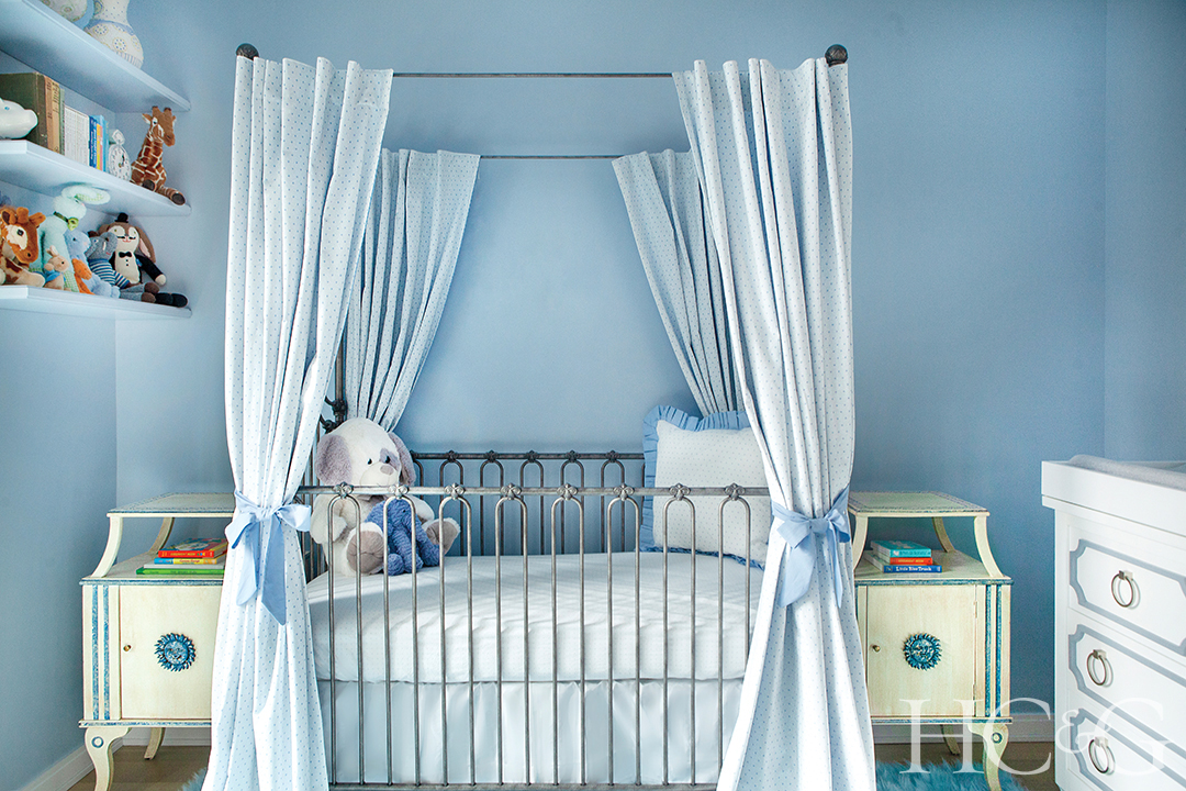 baby blue nursery; shelves and bedside tables