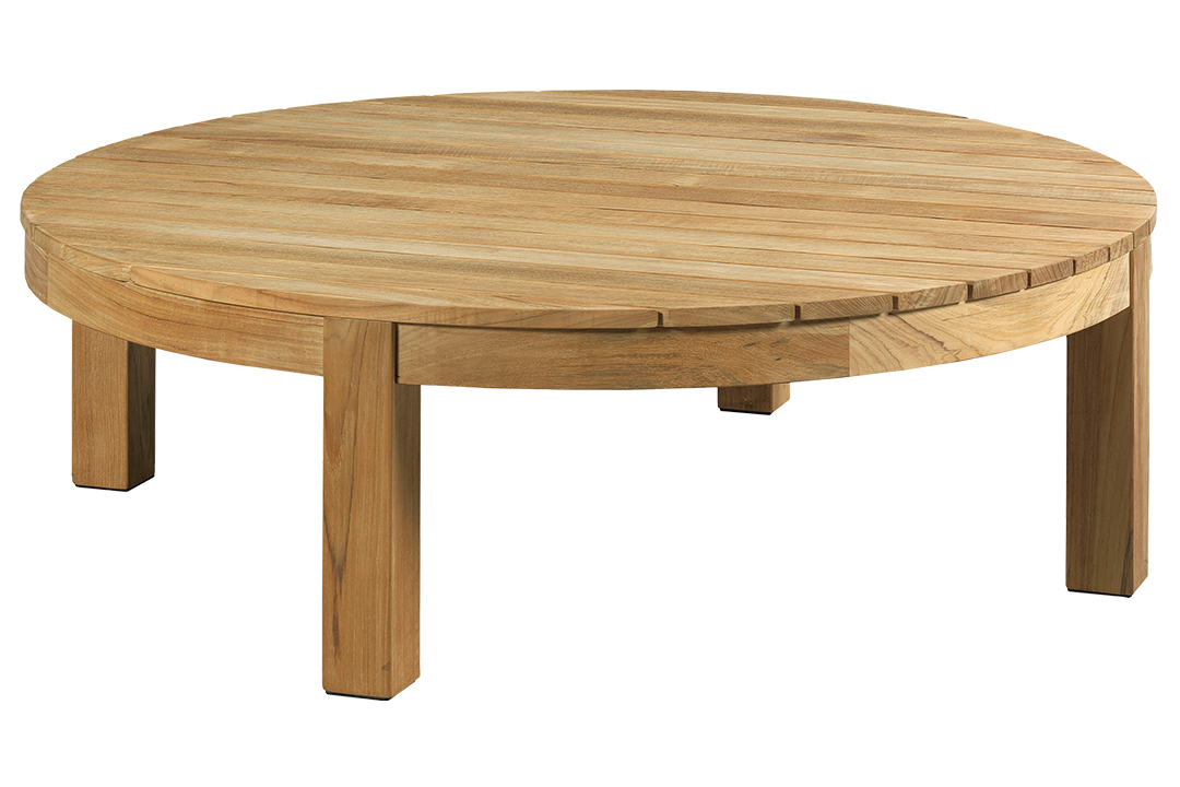 A round wooden cocktail table.