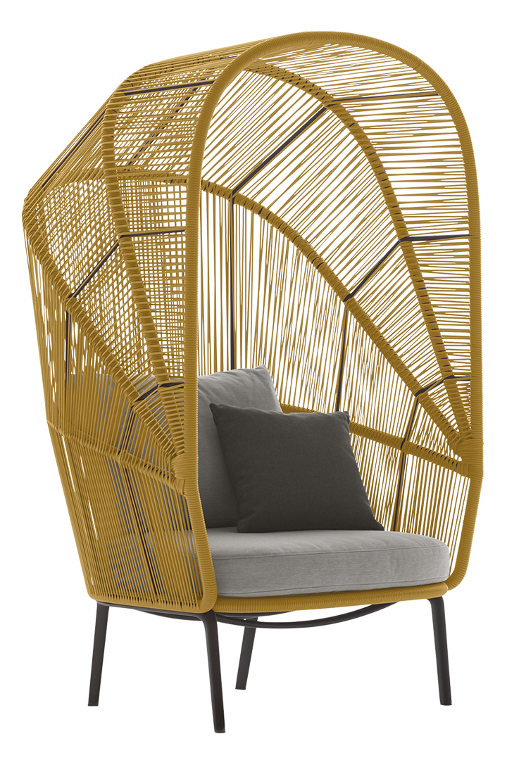 A grey cushioned seat surrounded by a gold canopy.