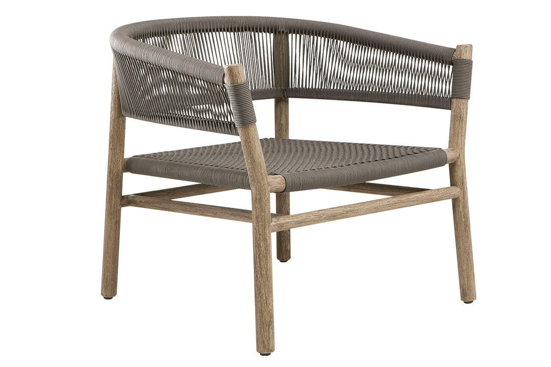 A grey armchair with wooden legs and woven backing.