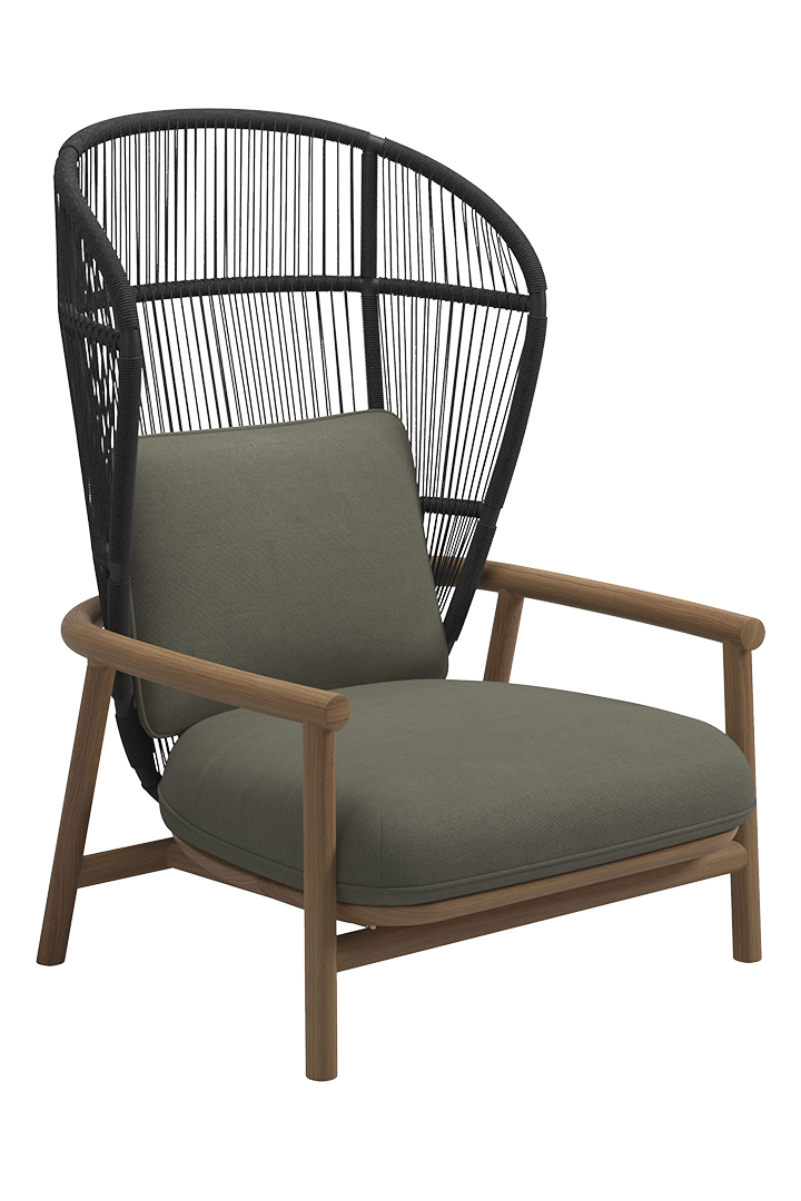 A muted green lounge chair with a black backing made from outdoor roping.