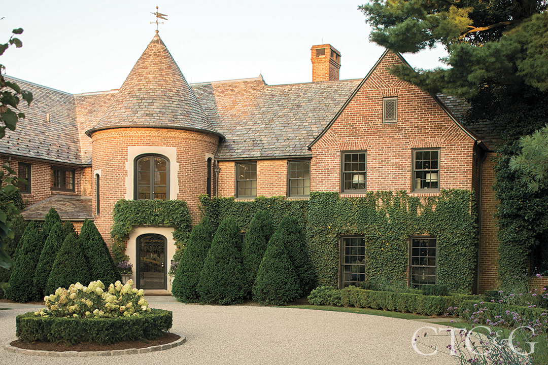 Greenwich Tudor Brick Home Front Entrance