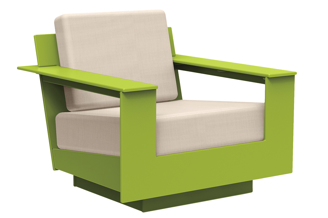 Square lime green arm chair with cream cushions.