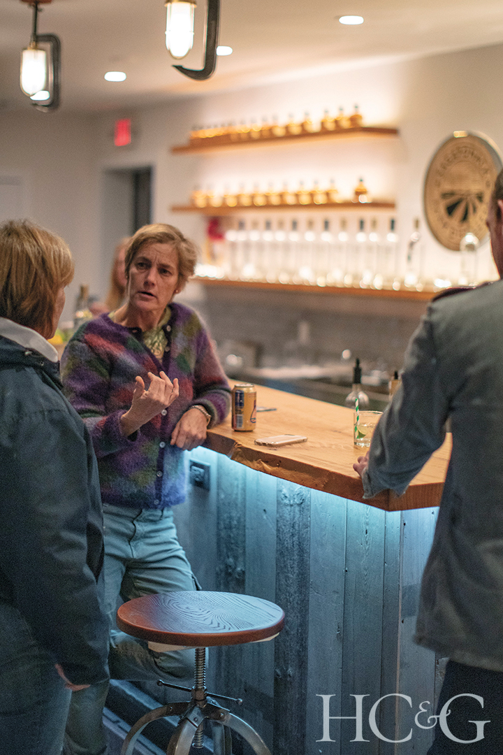 A woman in conversation leaning on the bar with bottles in the background.