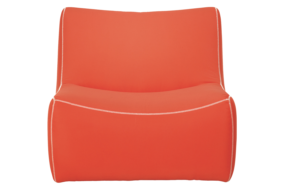 An orange armless lounge chair with white stitching.