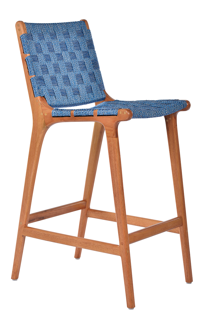 A high barstool with blue woven seating and warm wood legs.