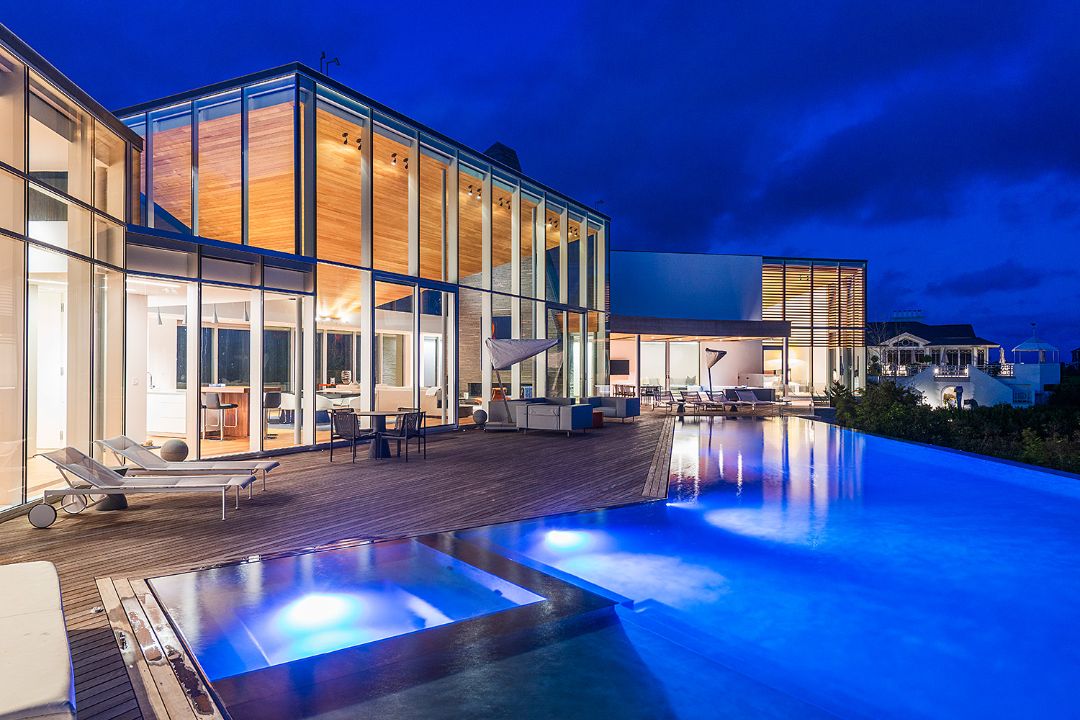 Wainscott Hamptons Oceanfront Mansion Pool at Night