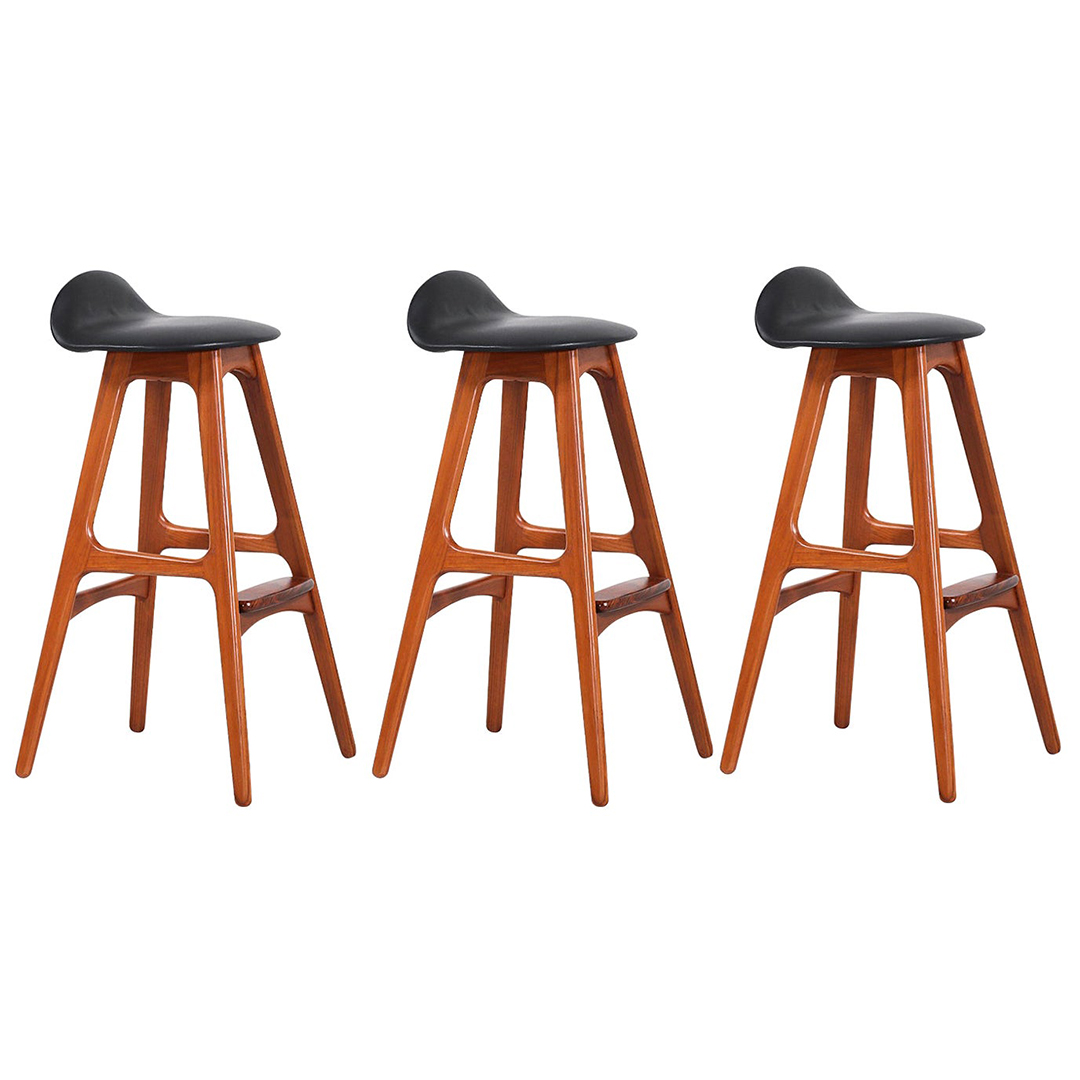 Erik Buch Teak Black Leather Bar Stools For Oddense Maskinsnedkeri
