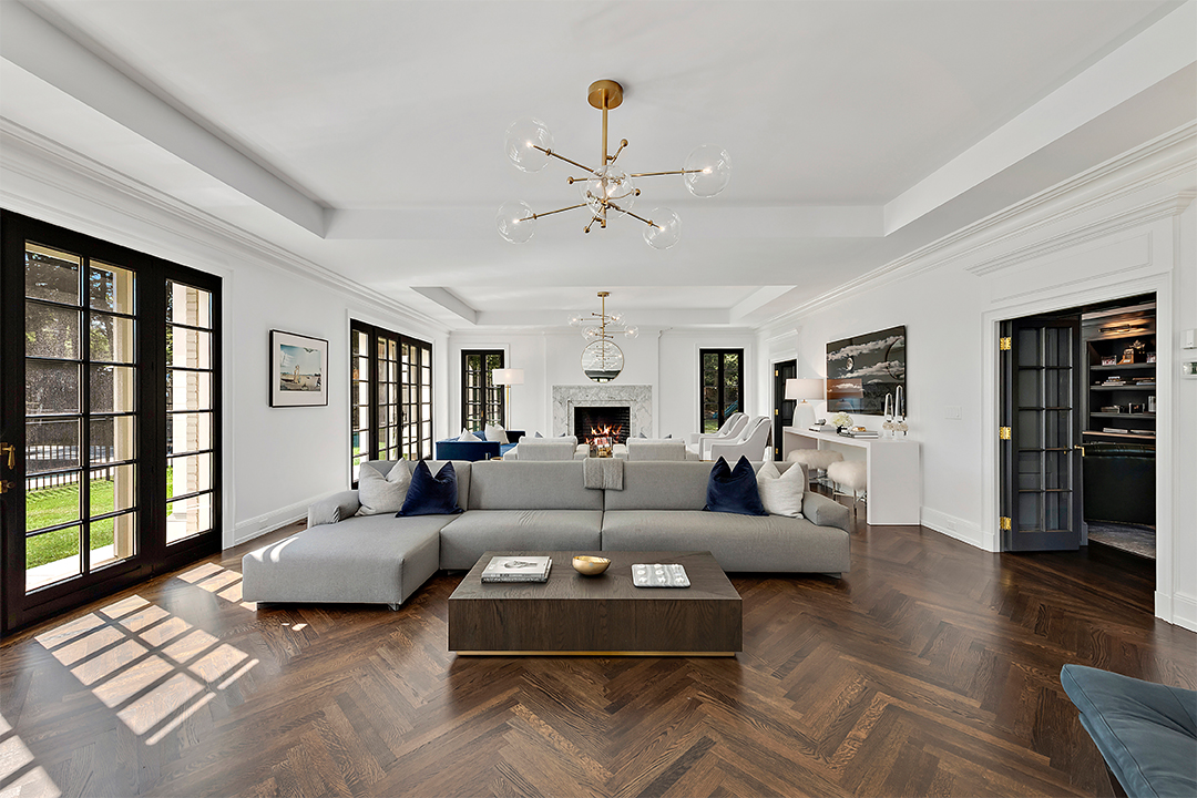 Living room with herringbone floors