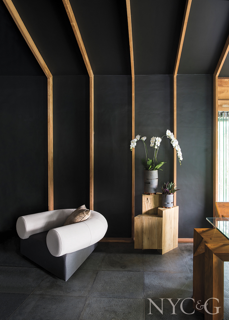 Modern living area with black walls