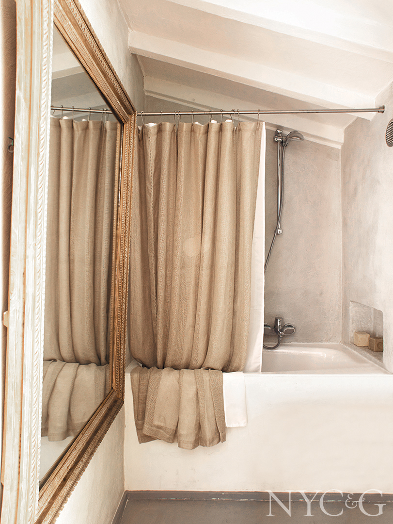 Beige Shower Curtain With Grohe Plumbing Fixtures