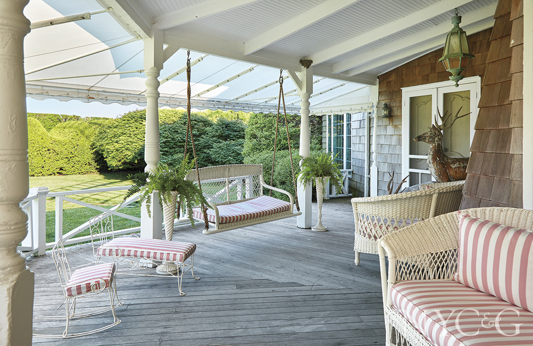 outdoor seating on front porch at a Southampton home