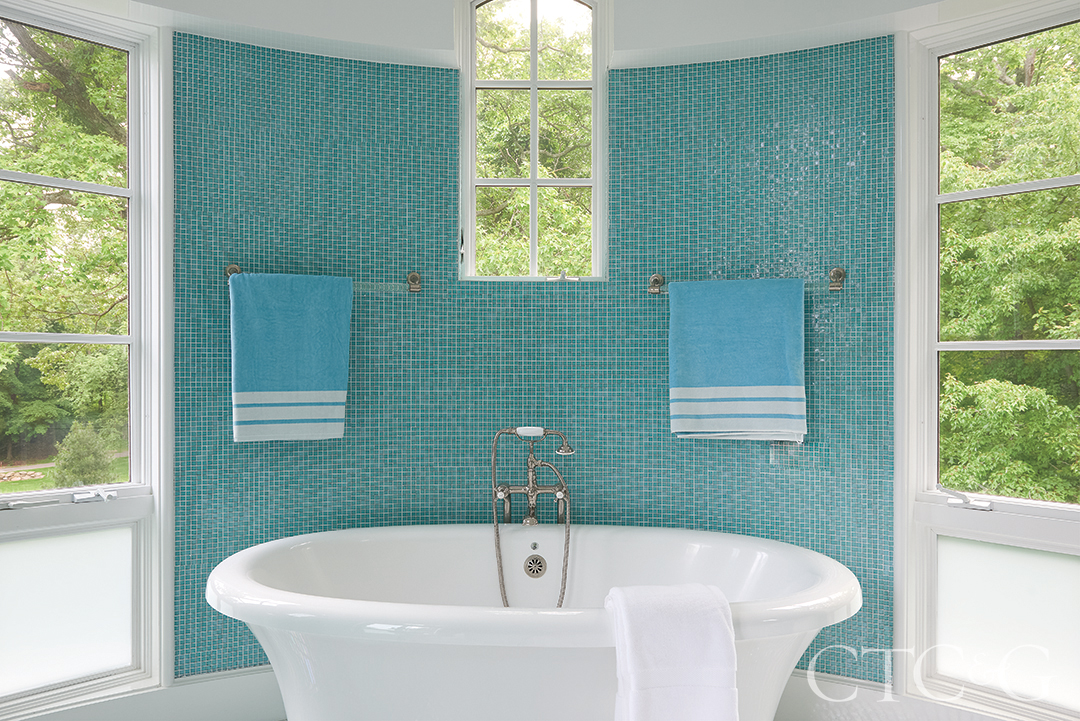 Teal Tile Wall In Bathroom