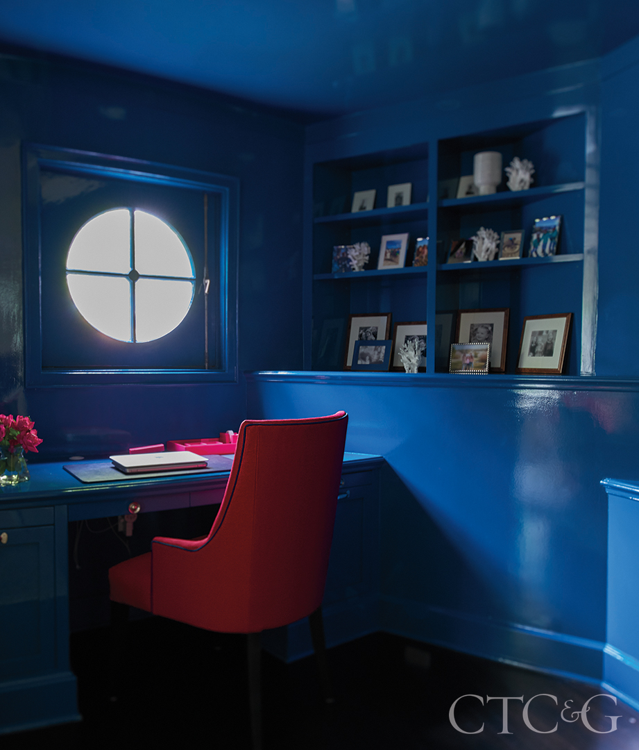 Home Office Design With Lacquered Blue Walls
