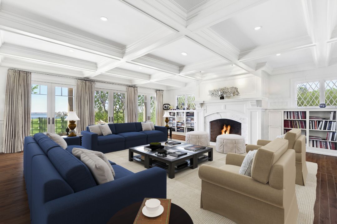 Sag Harbor Noyac Bay Waterfront Home Living Room Neutrals
