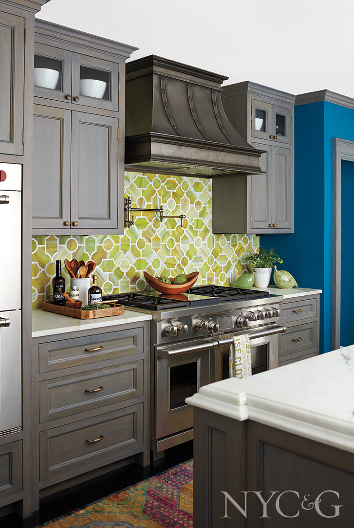 Dark Gray Cabinetry With Lime Green Backsplash Kitchen Design