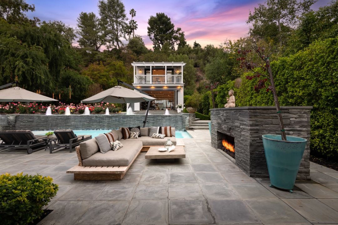 True Religion Cofounder Royal Oaks Encino Traditional Home Outdoor Fireplace