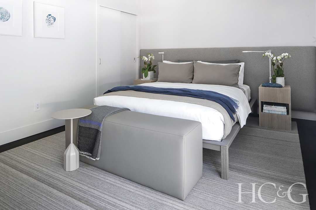 guest bedroom side table and bed; custom gray bench and nightstands